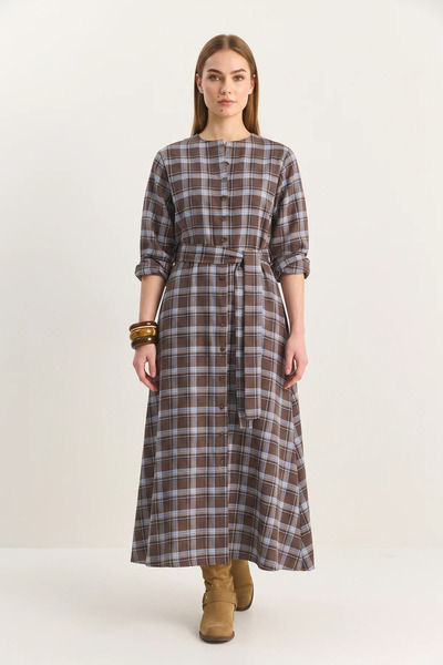 Efnaz style Women's Plaid Patterned Crew Neck Belted Flared Cotton Brown Blue...