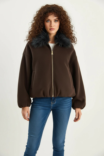 Efnaz style Women's Fur Collared Zippered Cashmere Bomber Jacket in Bitter Brown