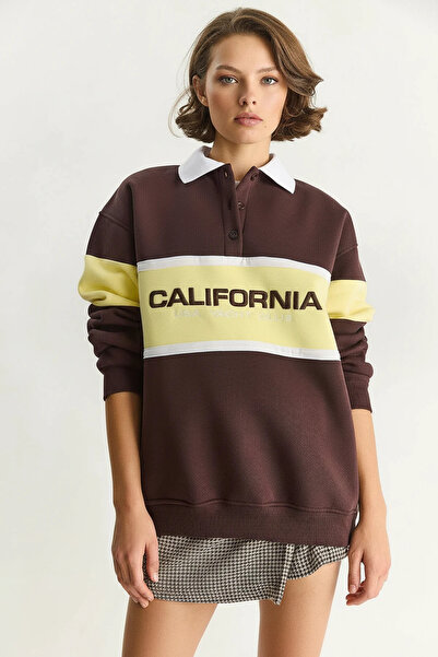 Şeker Portakalım Women's Polo Collar Buttoned Oversize Brown Sweatshirt with ...
