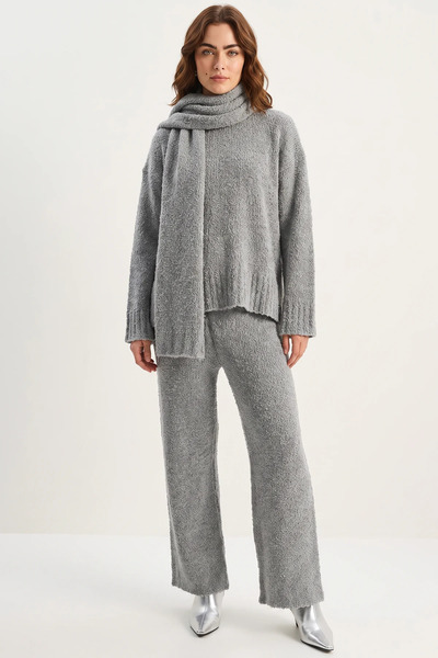 Şeker Portakalım Women's Soft Textured Comfortable Cut Knitwear Gray Set