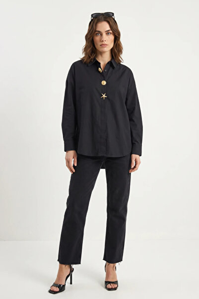 Efnaz style Women's Poplin Black Shirt with Gold Button Accessories