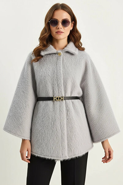 Efnaz style Women's Single Button Belted Waistband Bearded Soft Poncho Gray