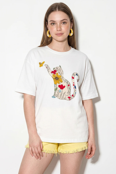 Şeker Portakalım Women's Crew Neck Cat Printed Oversize Cotton t Shirt White