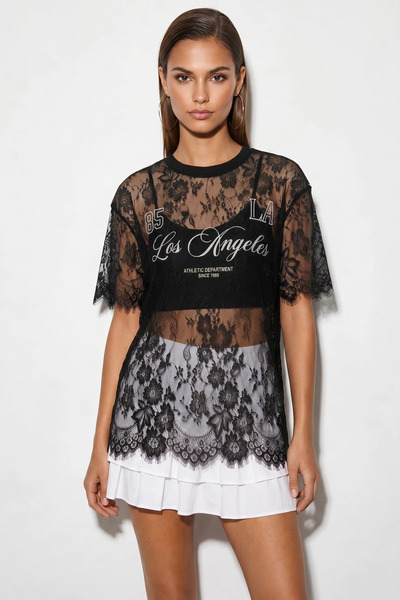 Şeker Portakalım Women's Lace Tulle Detailed Printed Oversize Black Blouse