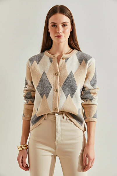 Generic Brand Women's Diamond Patterned Knitwear Camel Beige Cardigan