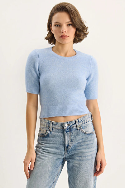 Efnaz style Women's Crew Neck Short Sleeve Basic Knitwear Baby Blue Sweater