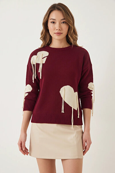 Generic Brand Women's Heart-Shaped Fringed Knitwear Burgundy Ecru Sweater
