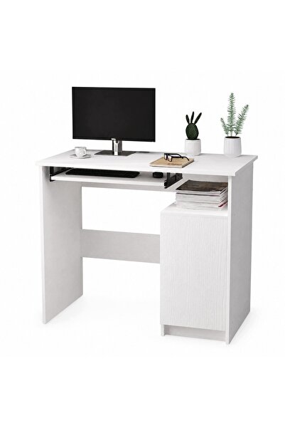 Rebiko Birou pentru computer cu raft pentru tastatură, alb, practic, cu dulap...