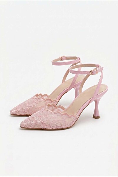 Efnaz style Women's Lace Detailed Pointed Toe Thin Heeled Shoes Powder