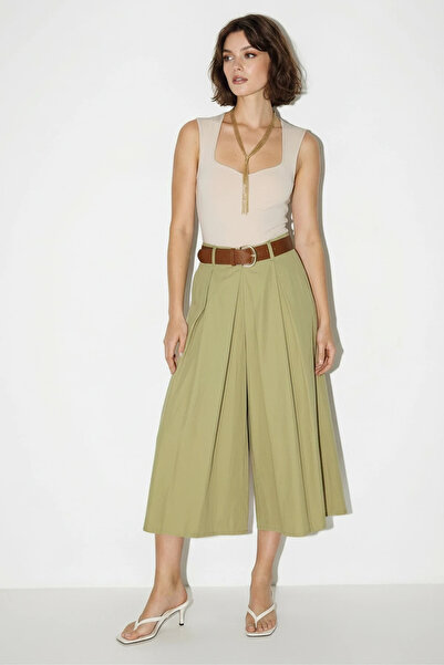 Efnaz style Women's High Waist Pleated Detailed Wide Leg Culotte Khaki Trousers