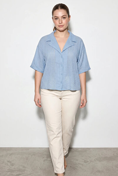 Efnaz style Women's Self-Striped Open Collar Oversize Short Sleeve Baby Blue ...
