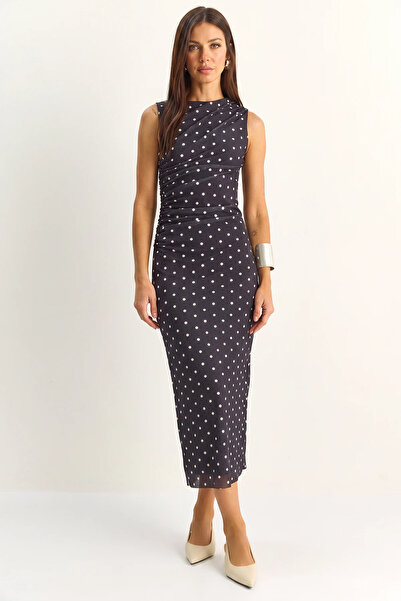 Şeker Portakalım Women's Draped Polka Dot Lined Midi Black Dress