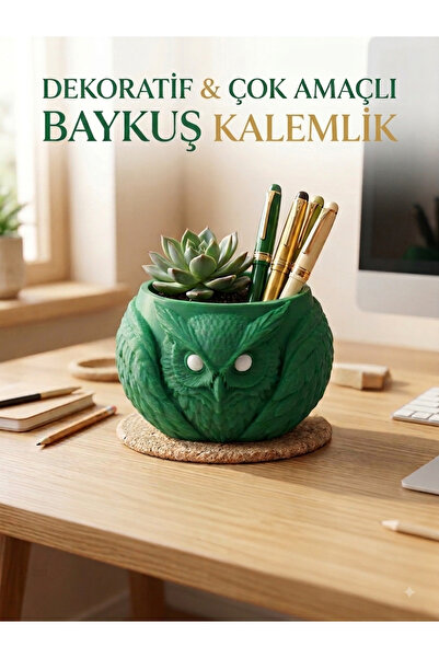 Yeşil Baykuş Tasarım Kalemlik, Fırçalıl Ve Yapay Çiçek Saksısı 10 cm İç Çap Masa Üstü Organizer