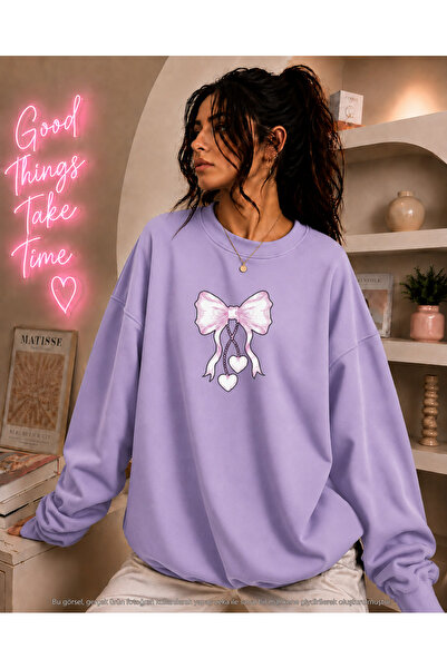 caddekombin Women's Heart Pink Ribbon Printed Round Neck Long Sleeve Sweatshirt