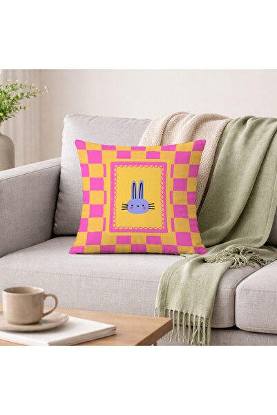 Evmila Pink Yellow Checkered Rabbit Patterned Decorative Throw Pillow Cover R...