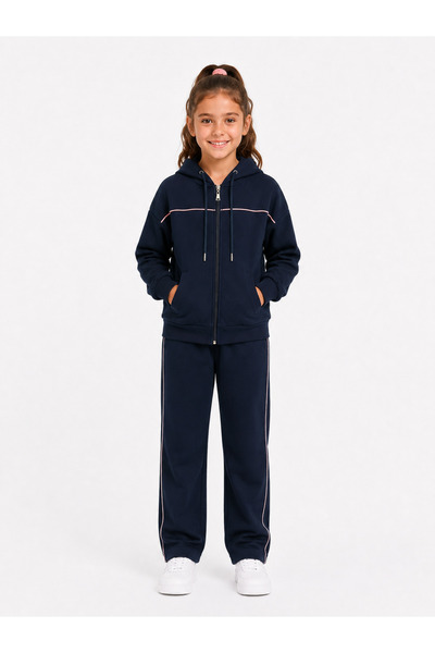 Marco Ferry Girl's Cotton Zippered Hooded Sweatshirt 26102S - Navy Blue