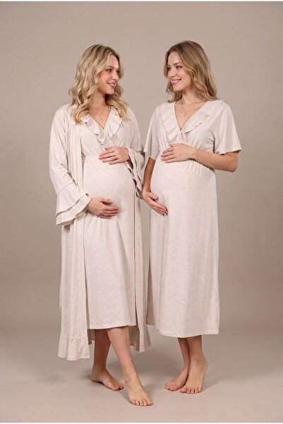 LOHOUSE Women's Beige Double-Breasted Collar Maternity Nightgown Set with Nur...