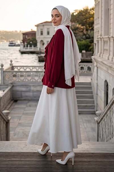 hafsamina Önü Fırfırlı Gömlek Bordo HM2949