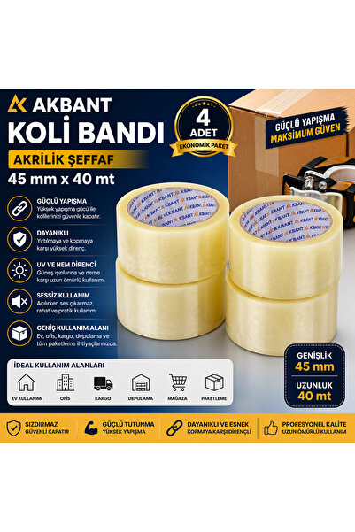 (4 ADET) Profesyonel Şeffaf Koli Bandı 45 mm x 40 Metre Akrilik Paketleme Bandı Güçlü Yapışkan EKONOMİK PAKET