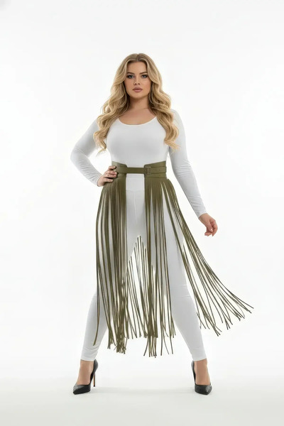 Angels Passion High Waist Khaki Faux Leather Skirt with Tassel Detail