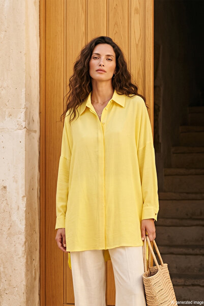 Lale Butik Straight Cut Button Detailed Modal Shirt 19605 Yellow