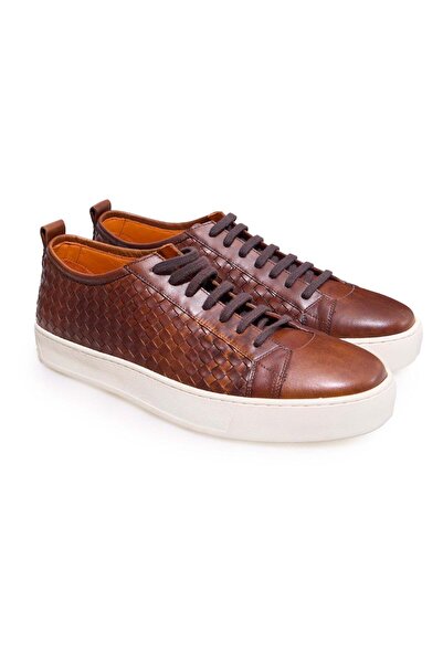 FRANCO CALVANI Brown Lace-Up Genuine Leather Men's Shoes with Knitted Sides