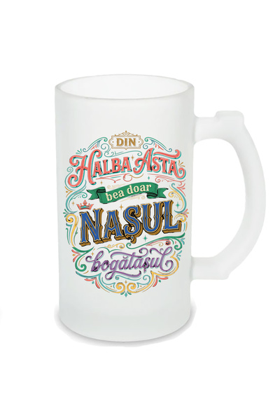 OEM Halbă de Bere Sticlă Mată Cadou Naș "Nașul Bogătașul", Design Vintage