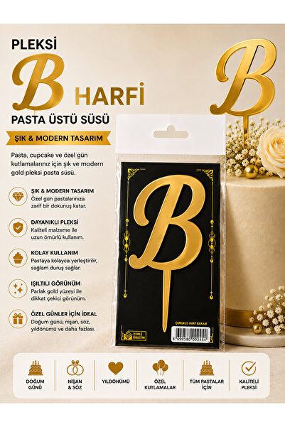 pratikpastacılık B HARFİ Pleksi & İşareti Pasta Üstü Süsü –Altın