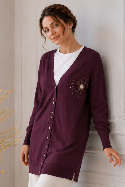 benguen Collar Detailed Mercerized Cardigan N3362 Plum
