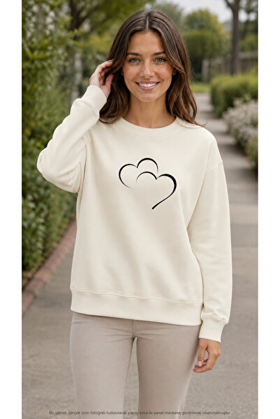 caddekombin Women's Double Heart Printed Round Neck Long Sleeve Sweatshirt