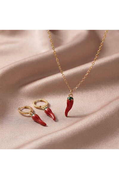 toptanhanem Mineli Red Pepper Figured Gold Plated Necklace and Earrings Doubl...
