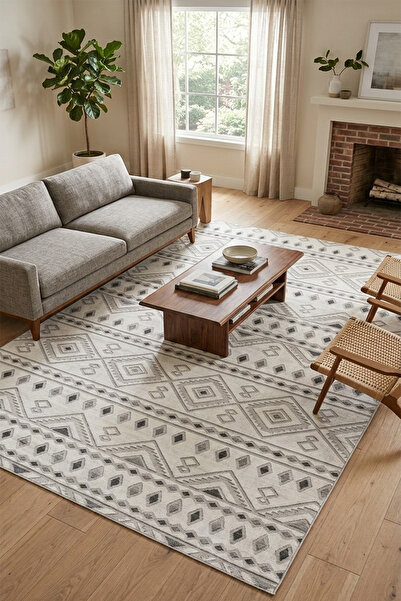 Raschel Carpet Premium Yıkanabilir Leke Tutmaz Modern Etnik Desen Gri Özel Se...