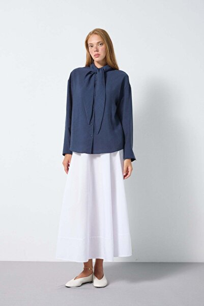 minaaise Women's Navy Blue Collar Detailed Modal Fabric Shirt 31189