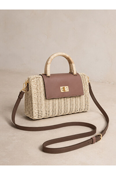 Luminos Butik Ψάθινη τσάντα Camel με λεπτομέρεια κλειδαριάς CNT1181