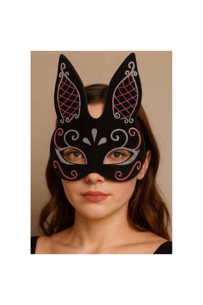 pınaxar Black Color Red White Glittery Black Suede Coated Rabbit Mask 18X16 cm