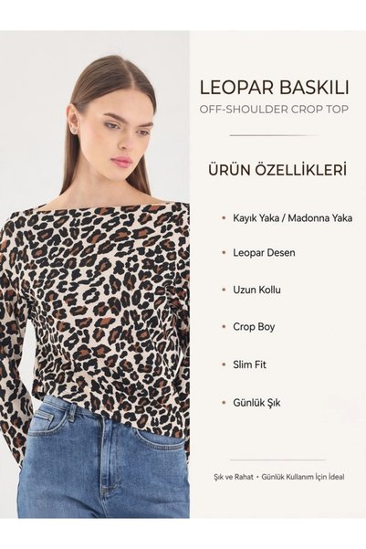 Lily Collection Leopar Desenli Kayık Yaka / Madonna Yaka Crop Bluz