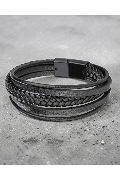 NO BRAND Brățară din piele pentru bărbați, multistrat, neagră, cu magnet, 23 cm