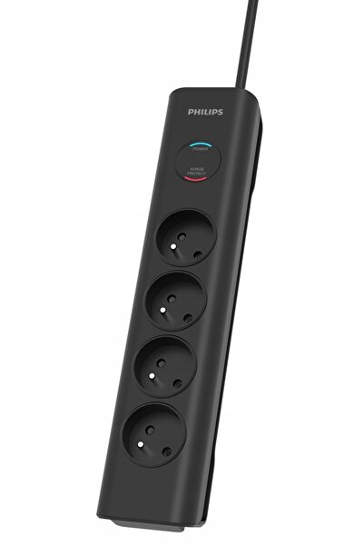Philips Prelungitor cu protecție la supratensiune, 4 prize, 2m, negru, 16A