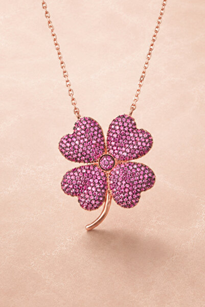 925 Ayar Gümüş Rose Gold Kaplama Pembe Yonca Kolye - Velvet Clover