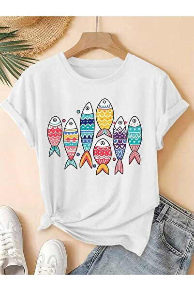 29CUN 2026 Spring/Summer New Women'S Round Neck Multicolor Small Fish Print S...