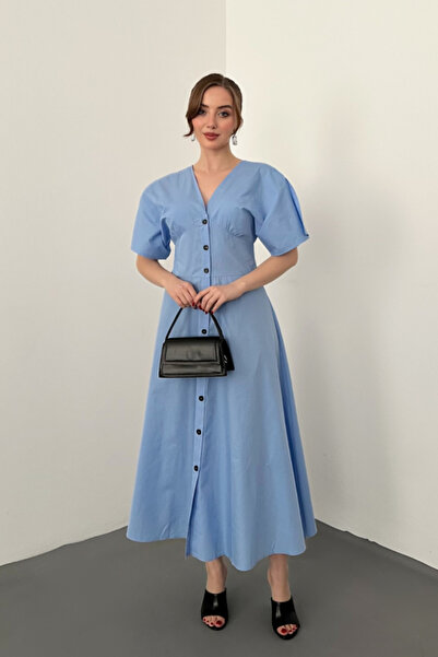 ELBEE Blue Button Midi Length Poplin Dress