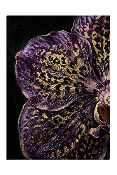 Artmeg Pânză decorativă macro cu flori de orhidee violet-aurie - Tablou din l...