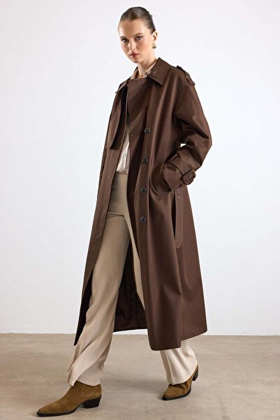 Olcay Oversized Trench Coat with Buckle Accessories and Water Repellent Featu...