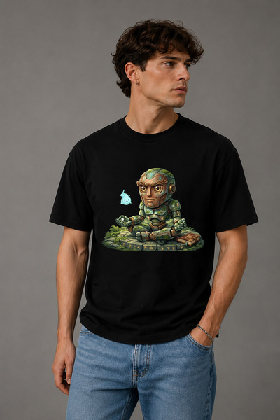 BAGAND Premium Meditating Robot Printed Oversize Unisex T-Shirt Black Fantast...