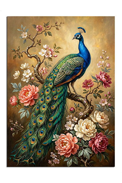 Artmeg Pânză decorativă cu păun albastru pe o ramură de flori - Tablou din le...