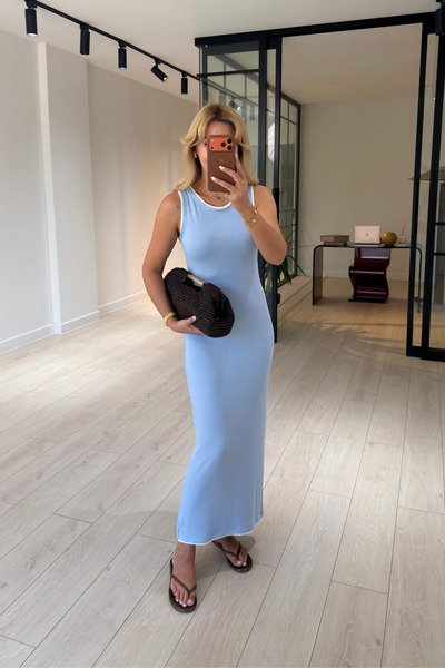 Sezgi Tekin Piping Detail Baby Blue Sleeveless Basic Dress