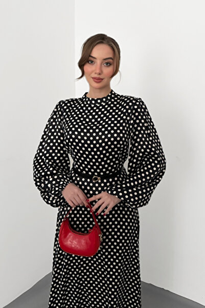 LUMU Black Polka Dot Detailed Dress with Belt Details