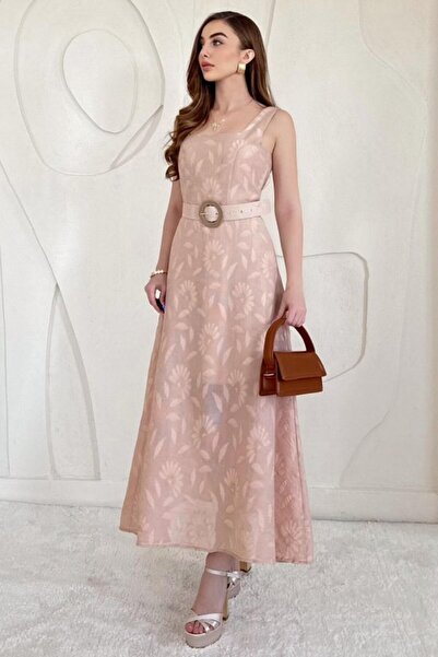 Generic Brand Beige Belt Detailed Jacquard Long Dress