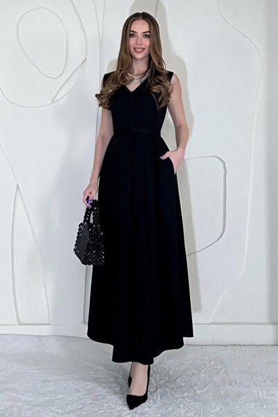 Generic Brand Black Belted Dress with Brit Detail on the Front