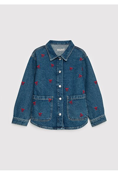 Mavi Layna Shirt 90Lar Ribbon Embroidered Dark Denim Shirt for Girls.
